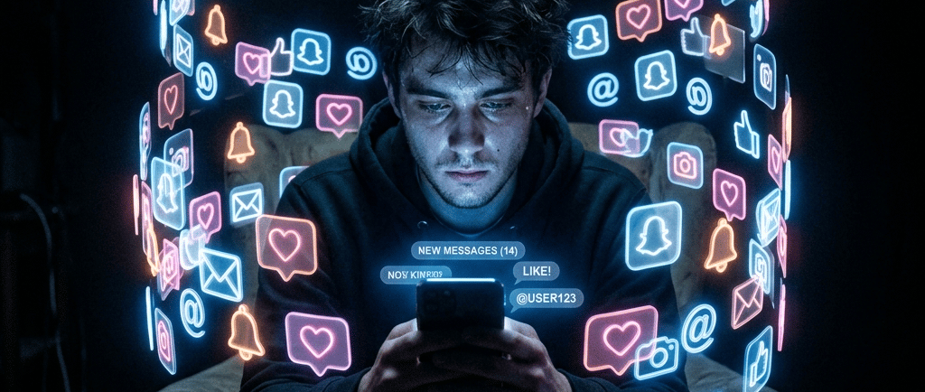 Pessoa em ambiente escuro Noir presa por notificações de celular, simbolizando o escapismo digital."