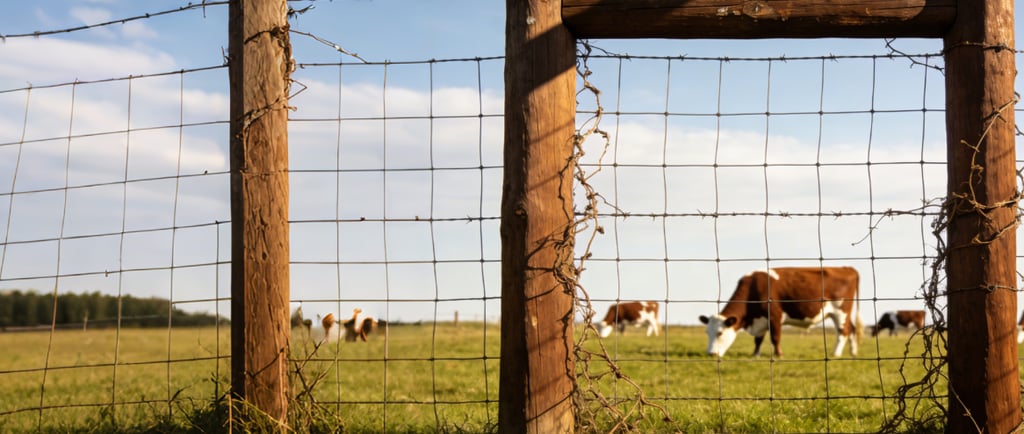 a fenced in area with cows grazing in the grass