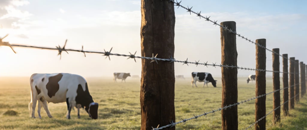 a cow grazing in a field with barbed wire fence fenced in