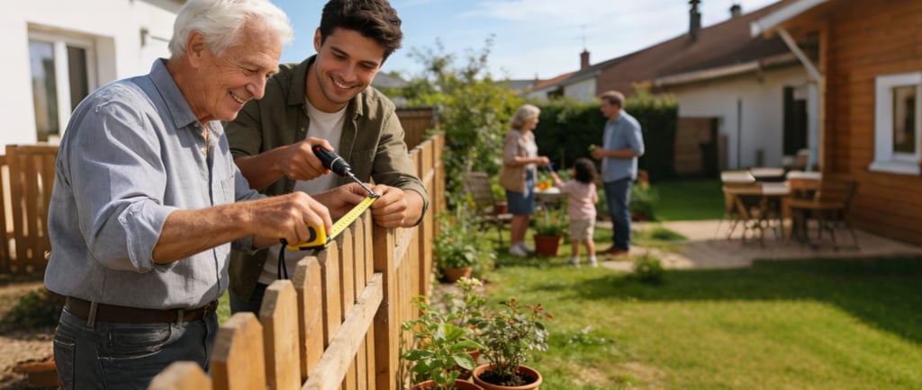 a man and woman are standing in a yard