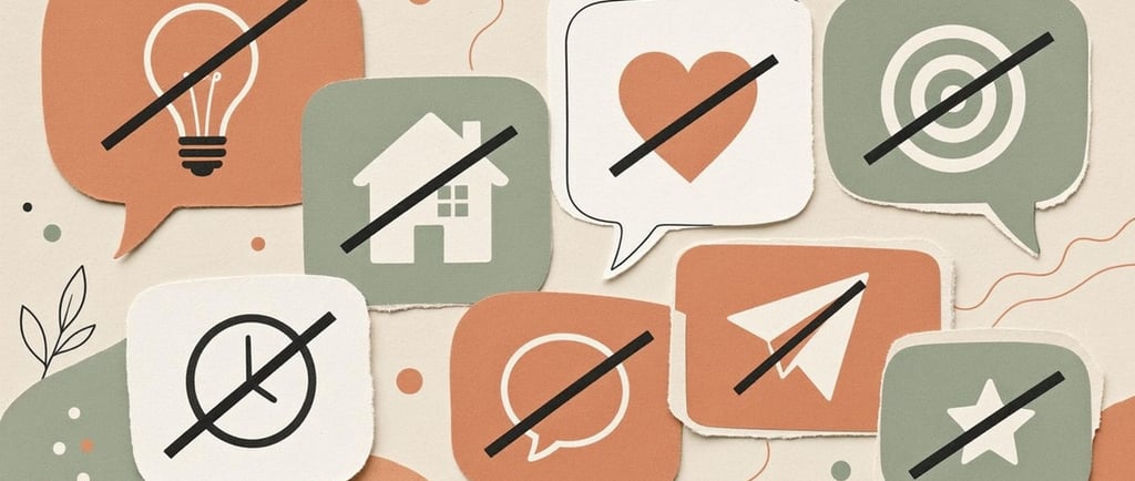 several speech bubbles featuring icons or phrases crossed out with a line (indicating “false”), set