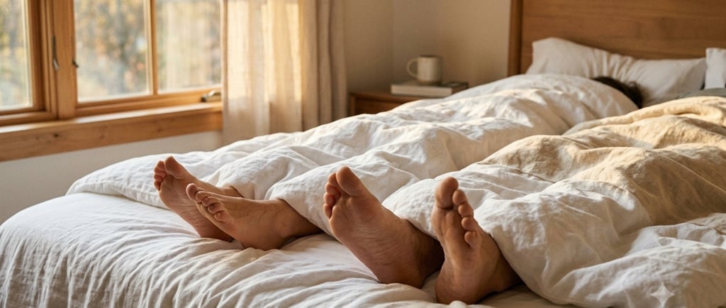 Two pairs of adult feet beneath white sheets, with morning light gently streaming in through a win