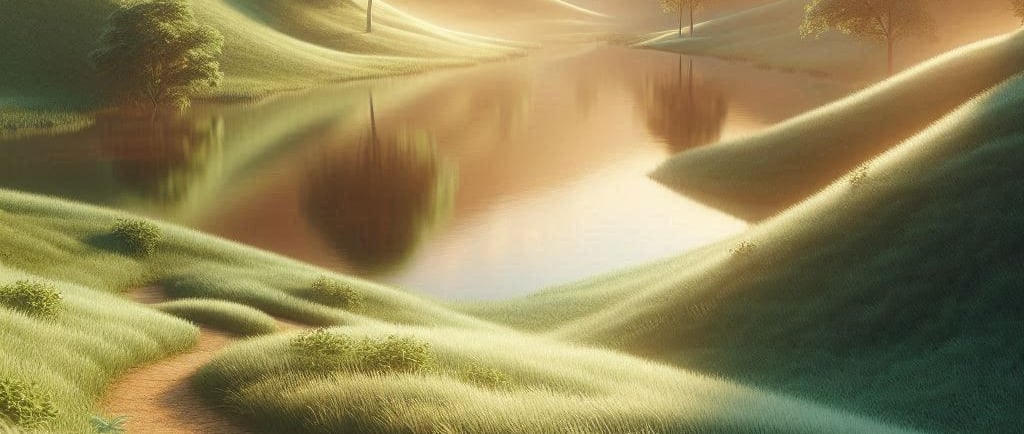 Praderas verdes y aguas tranquilas bajo luz suave, evocando descanso, cuidado y serenidad interior.