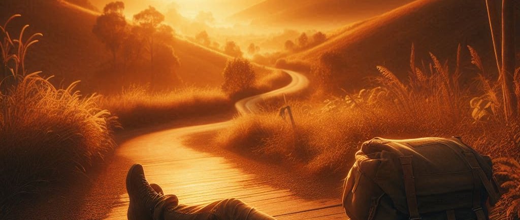 Persona descansando junto a un camino al atardecer, con sensación de alivio tras el cansancio.