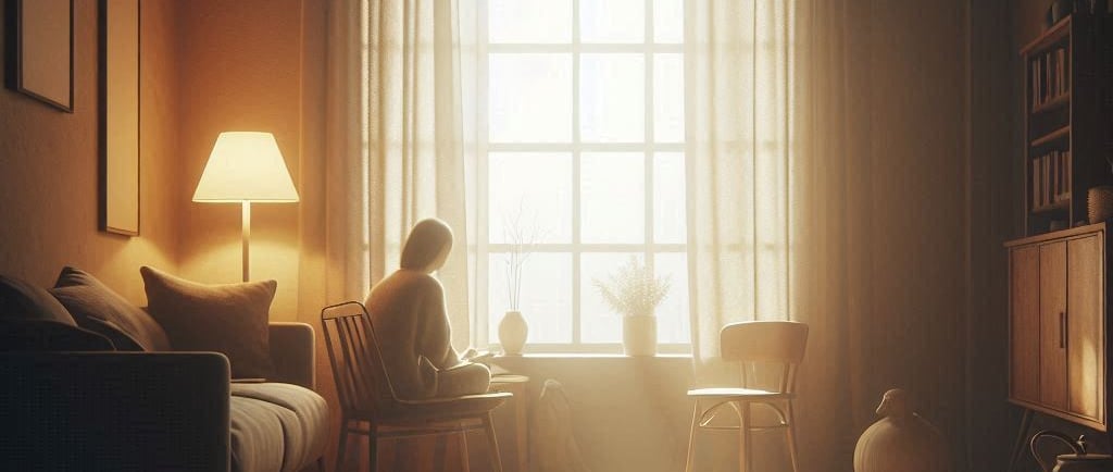 Persona mirando por una ventana con luz natural suave, en un momento de reflexión y cuidado interior.