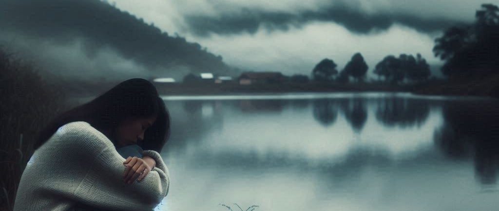 Persona sentada junto al agua en un paisaje nublado, expresando tristeza contenida y esperanza.