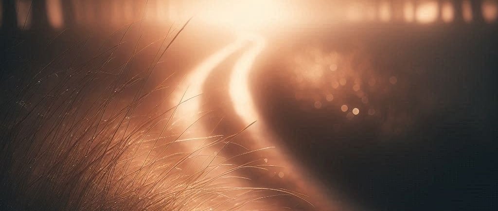 Camino tranquilo iluminado por luz suave de mañana, símbolo de vivir el presente con calma.