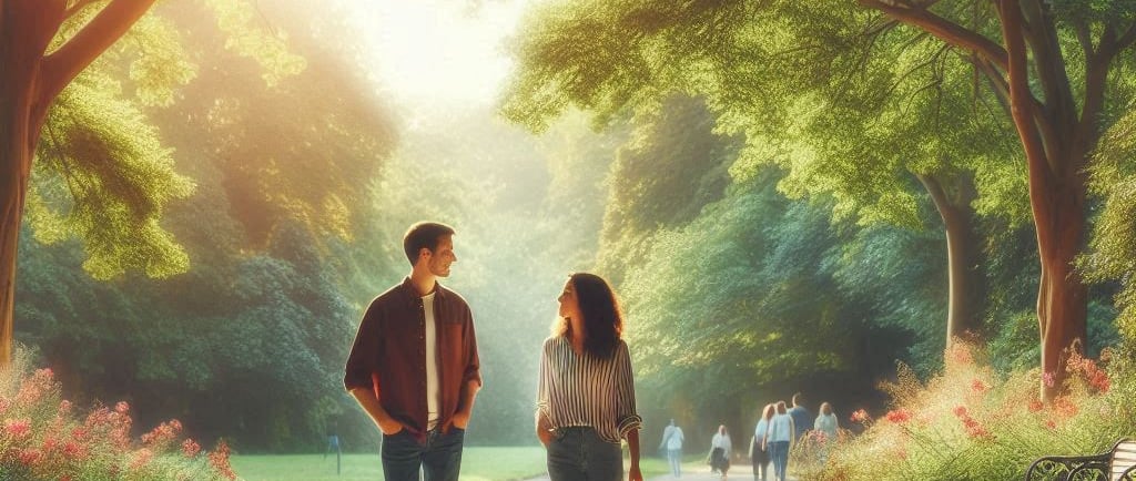Dos personas caminando juntas en conversación tranquila por un entorno natural.