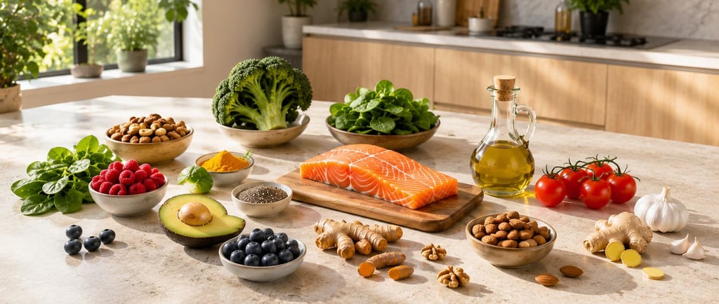 Alimentos anti-inflamatórios naturais sobre bancada de cozinha