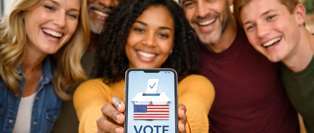 People croweded around a phone that has a ballot box on it and it says vote