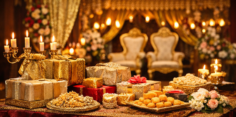 Luxury trousseau packing setup with silk sarees and jewelry – Noida weddings
