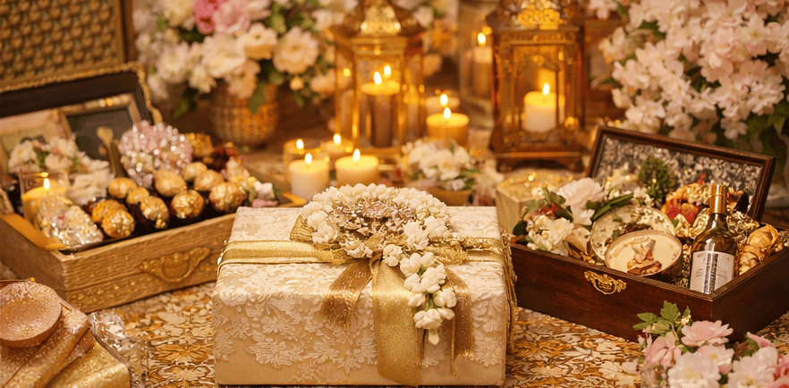  Luxury bridal gift hampers for Delhi NCR weddings with elegant wrapping and floral accents.