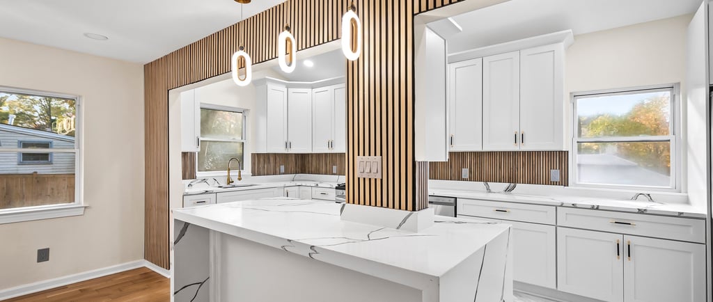 Ridgeway kitchen remodel in Fairfax VA with custom cabinetry and waterfall island by The Great House