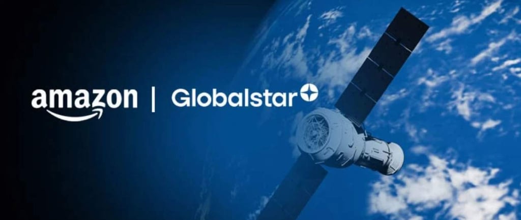 Amazon and Globalstar partnership logo over an orbiting satellite in space above Earth.