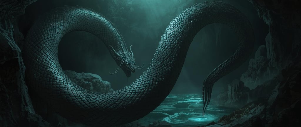 Rappresentazione mitologica di Vritra nascosto sotto la crosta del mondo, corpo serpentiformE