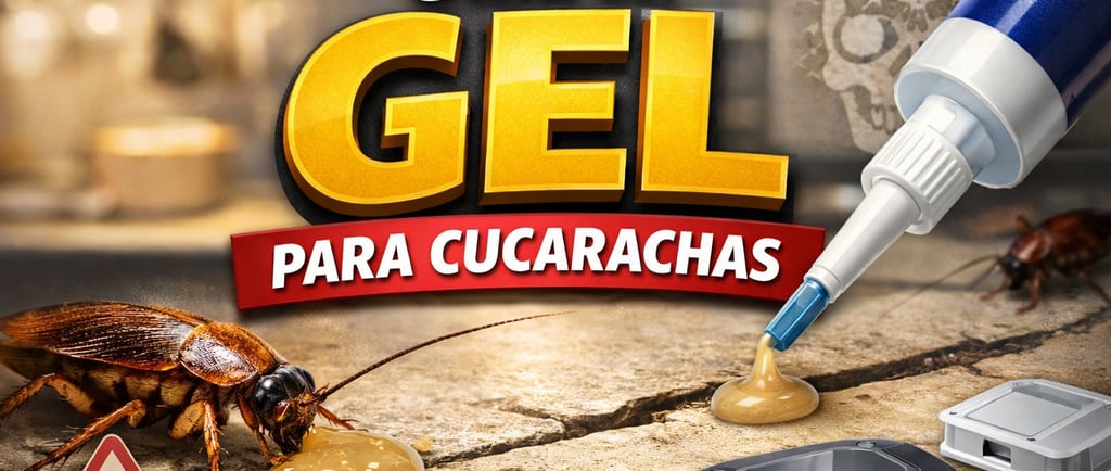 Guía del gel para cucarachas mostrando la aplicación de cebo insecticida en grietas para control de plagas.