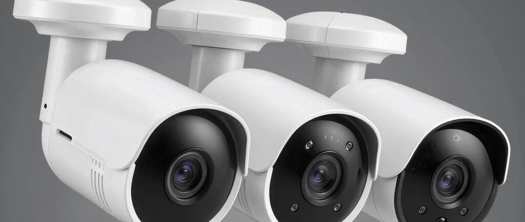 a group of three cameras sitting on top of a table