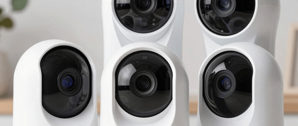 Three small white cameras sitting on top of a table