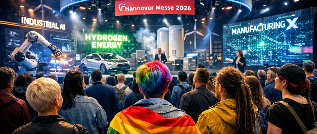 Crowd at Hannover Messe 2026 industrial fair center stage featuring hydrogen energy and industrial AI displays.