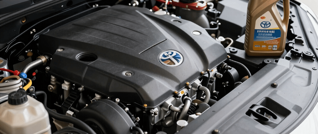 Toyota Camry engine with oil bottle showing correct oil type