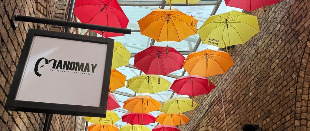 Colorful umbrellas hanging over a brick alleyway in London's Camden Market with shop signs.