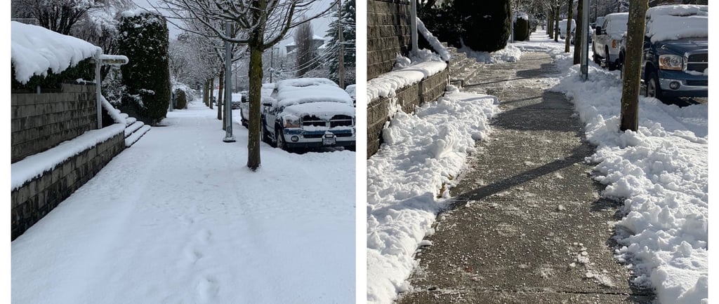 two pictures of before snow is cleared from a sidewalk and it is cleared from the same spot