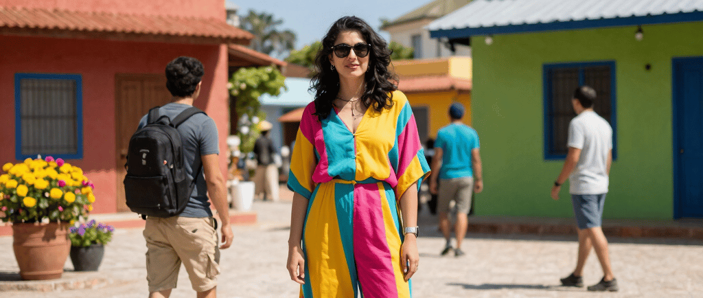 A vibrant outfit bursting with cheerful colors against a sunny city backdrop.