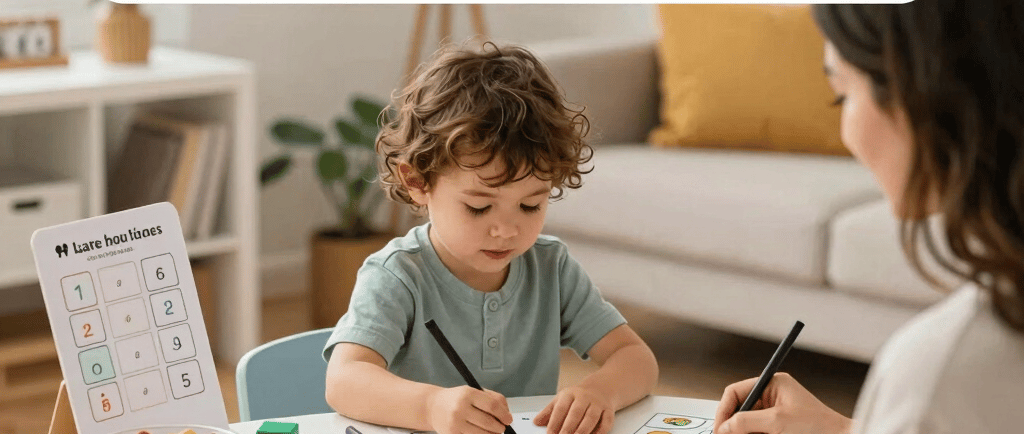 A cheerful child happily engaged in a colorful printable activity kit surrounded by soft clouds and stars.