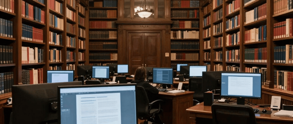 A cozy workspace with a laptop, notebook, and a steaming cup of coffee beside a window showing a cityscape at dawn.