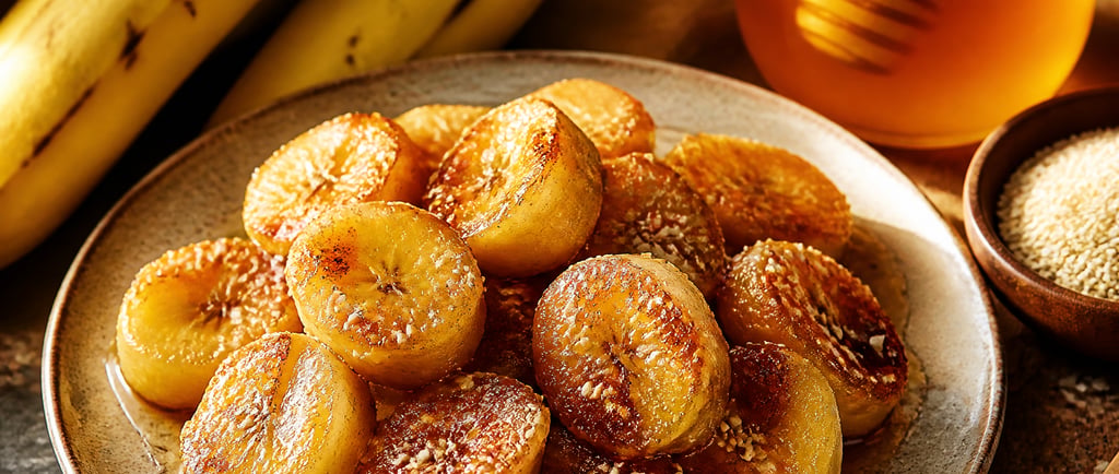 Caramelized fried banana slices topped with honey and sesame seeds served on a plate.