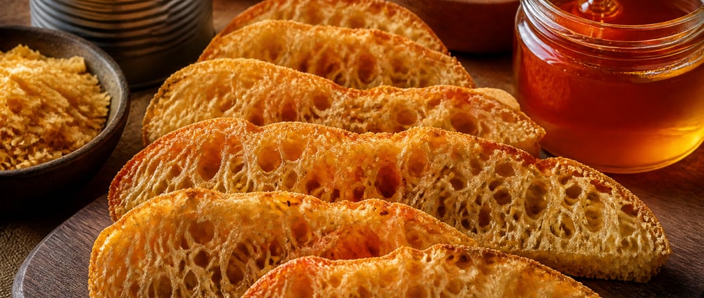 honeycomb cake on a wooden board with honey, flour, and baking ingredients.