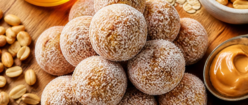 Healthy peanut butter energy balls with coconut, honey, and chia seeds on a wooden board.
