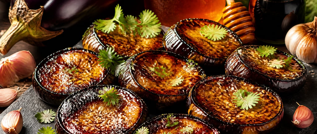 honey-glazed roasted eggplant rounds topped with sesame seeds and cilantro on a slate platter.
