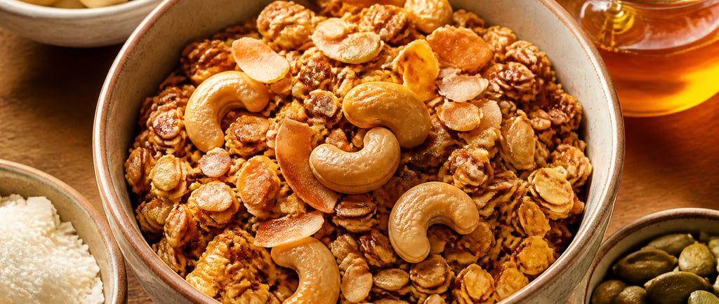 Homemade crunchy granola with cashews, oats, and honey in a ceramic bowl for a healthy breakfast.