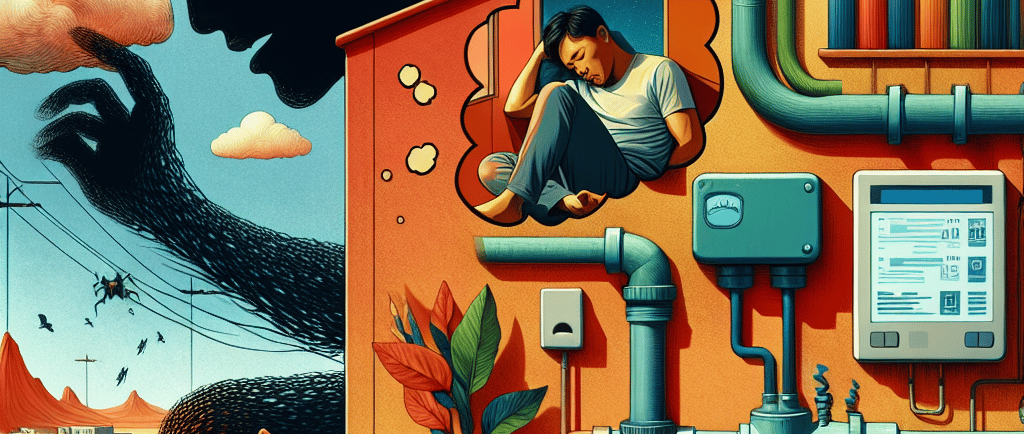 a man sitting on a building with a giant monster fish in the background