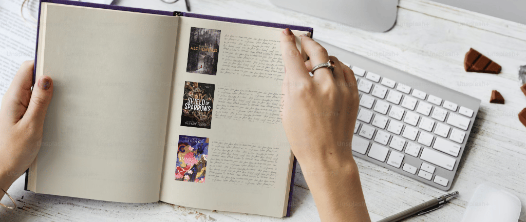 Open reading journal featuring mini book cover stickers printed with MyFastSnaps photo label printer.