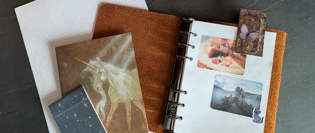 Flat lay of grid dot paper and photo stickers printed on labels in a pile of other journal-making materials.