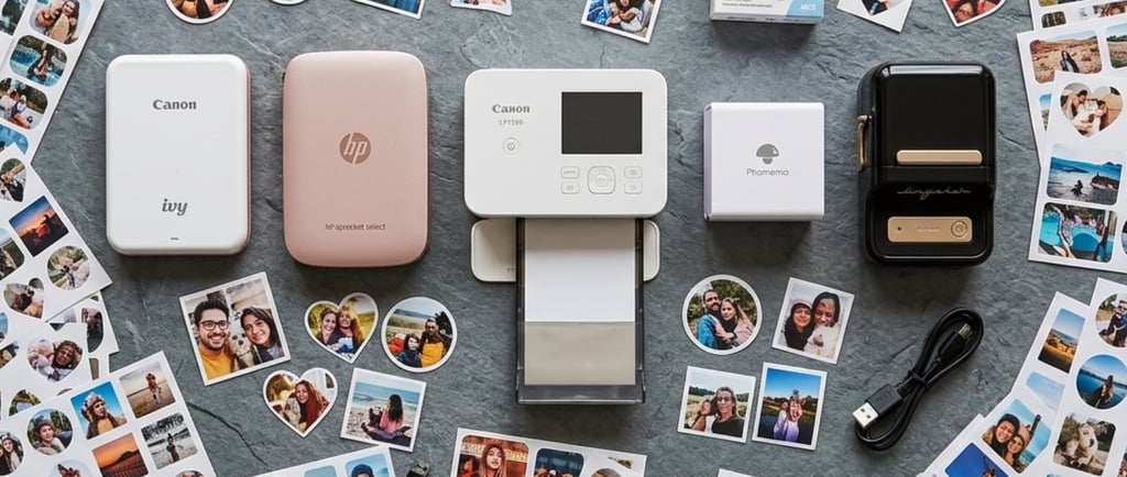 Flat lay of Canon Ivy, HP Sprocket and 3 other portable sticker printers surrounded by photo stickers.