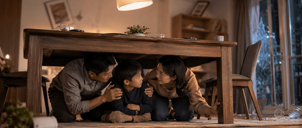 A family taking cover under a wooden table for safety during an earthquake in their home.
