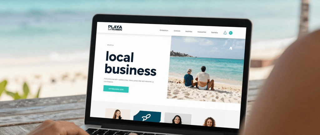 Emprendedora local en Playa del Carmen revisando la estrategia digital de su página web profesional 