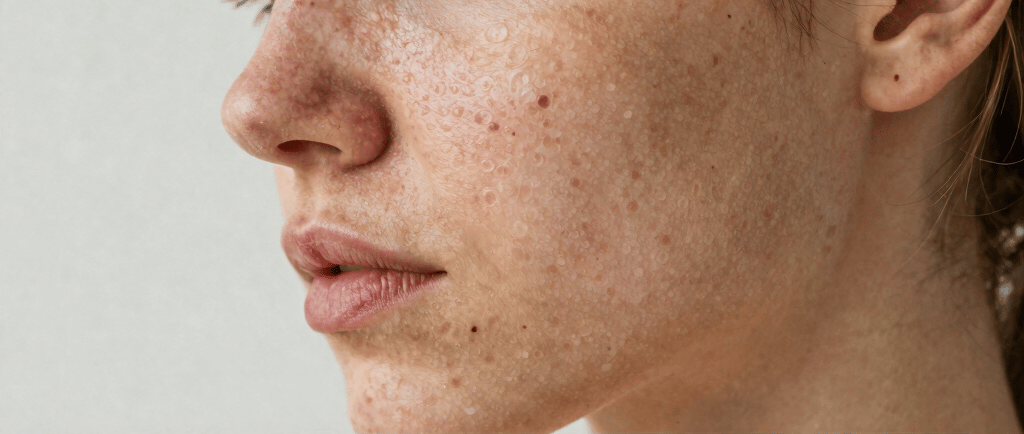 A young woman with freckles on her face
