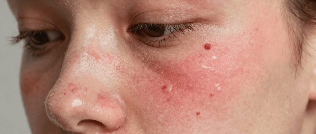 A young woman with freckles on her face