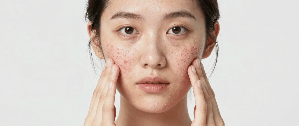 A young woman with freckles on her face