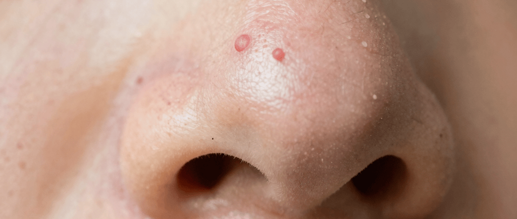 A young woman with freckles on her face
