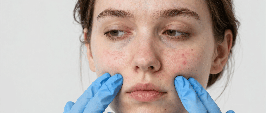 A young woman with freckles on her face