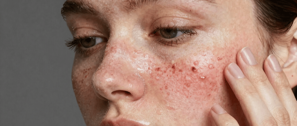 A young woman with freckles on her face