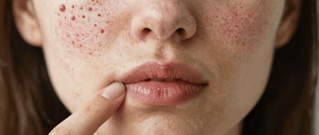 A young woman with freckles on her face