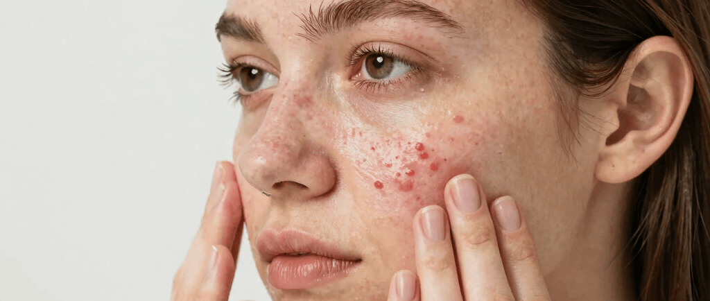 A young woman with freckles on her face