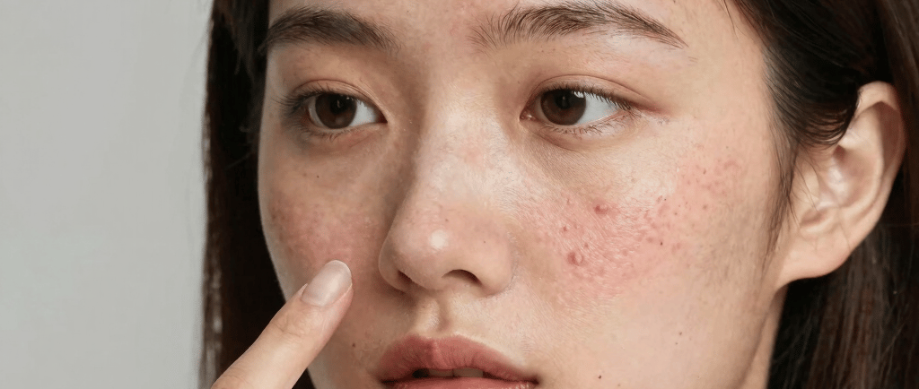 A young woman with freckles on her face