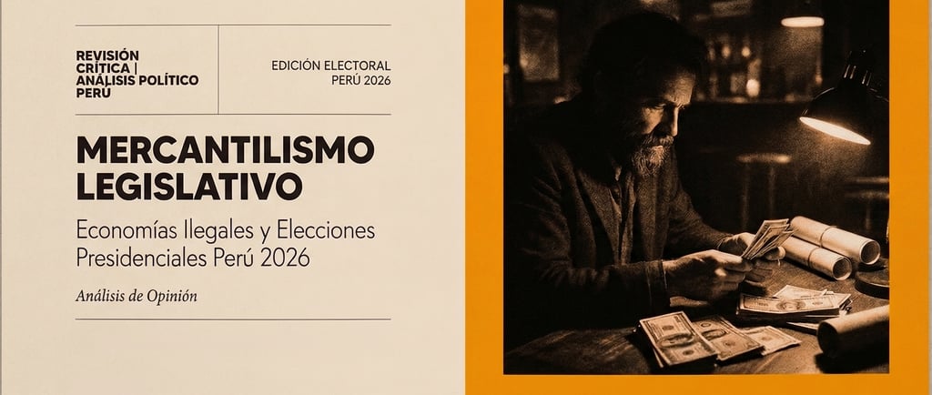 Infographic on Peru 2026 elections and legislative mercantilism featuring a man counting cash in a dark office.
